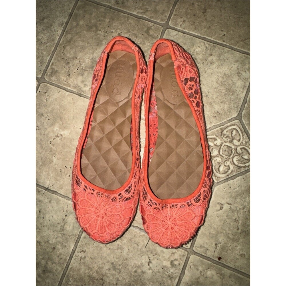 Y2K Boho Lace Ballet Flats Fabric Whimsical Coral Peach Women's Shoes Sz 9.5